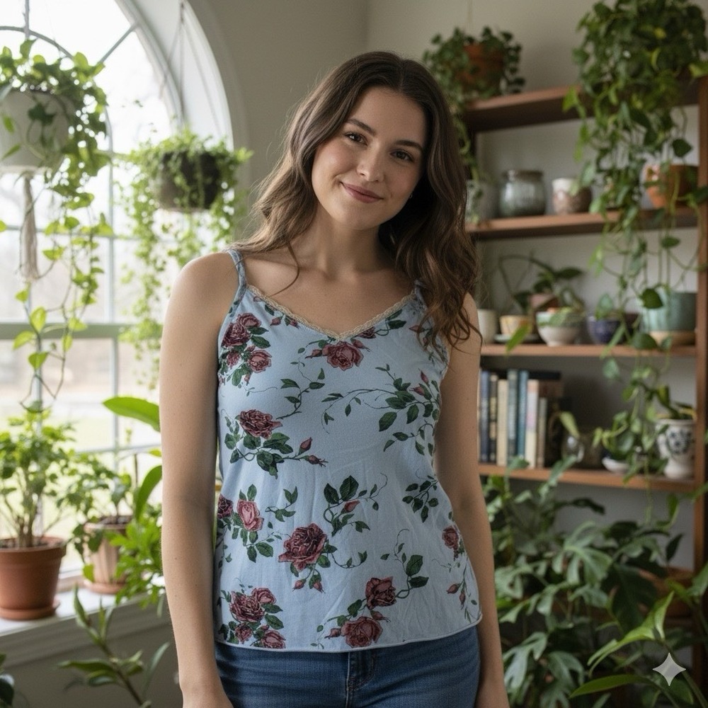 Blue Life Floral Lace Cami Slip Top Women's Small‎ Boho Y2K Rose Print